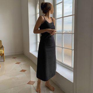 Sleeveless Lace-trim Ribbed Long Dress