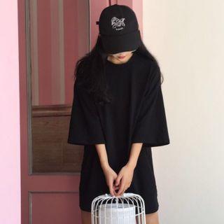 Plain Elbow-sleeve Mini T-shirt Dress Black - One Size