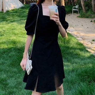 Puff-sleeve Square-neck Plain Slit Mini Dress