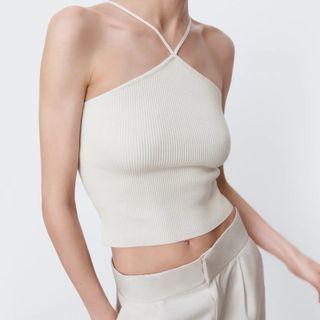 Halter-neck Ribbed-knit Plain Crop Camisole Top