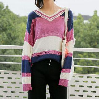 Striped V-neck Pointelle Knit Sweater As Shown In Figure - One Size