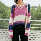 Striped V-neck Pointelle Knit Sweater As Shown In Figure - One Size