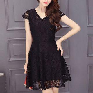 V-neck Cap Sleeve Lace Overlay A-line Dress