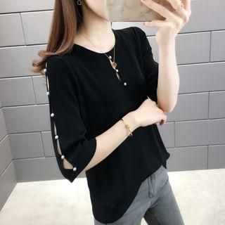 Short-sleeve Faux Pearl Cutout Knit Top