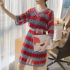 Set: Striped Elbow-sleeve V-neck Open Knit Dress + Slipdress