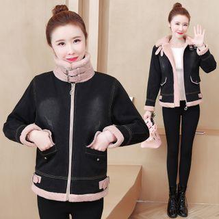 Buckled Fleece-lined Zip Denim Jacket