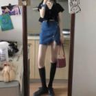 Cap-sleeve Top / Denim Mini Skirt / Set