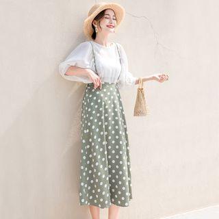 Set: Elbow-sleeve Blouse + Polka Dot Jumper Skirt