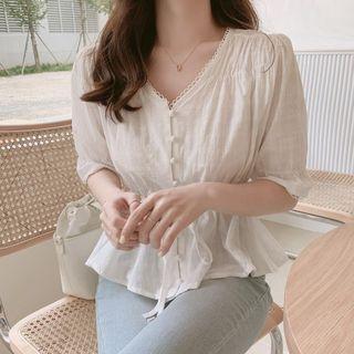 Short-sleeve Button Detail Tie-waist Top