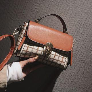 Faux Leather Plaid Panel Crossbody Bag