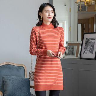 Mock Neck Long-sleeve Striped Mini Knit Dress