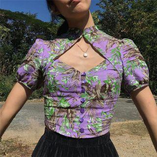 Puff-sleeve Print Cutout Cropped Blouse