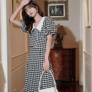 Short-sleeve Plaid Blouse / Midi A-line Skirt / Set