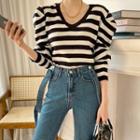 Puff-sleeve V-neck Stripe Knit Top