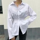 Long-sleeve Shirred Peplum Shirt White - One Size