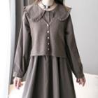 Long-sleeve Wide-collar Midi A-line Dress / Button-up Sweater Vest