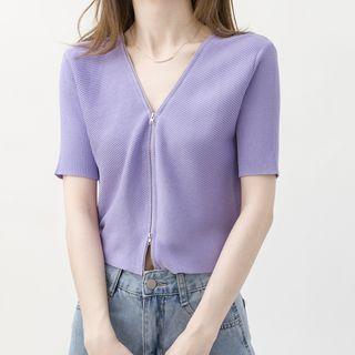 Plain Short-sleeve Zip Cropped Cardigan