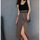 V-neck Knit Tank Top / A-line Slit Midi Skirt