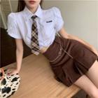 Short-sleeve Cropped Shirt / A-line Skirt / Plaid Neck Tie / Set