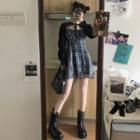 Spaghetti Strap Plaid Shirred Dress / Tie-front Cape