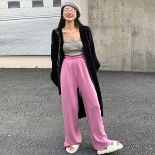 Long Cardigan / Knit Camisole Top / Drawstring Wide Leg Pants