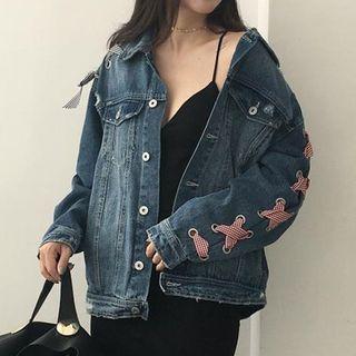 Ribbon Detail Distressed Denim Jacket
