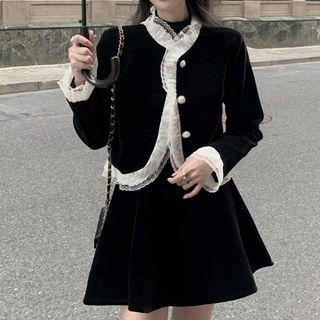 Contrast Trim Lace Panel Long-sleeve Top / High-waist A-line Mini Skirt