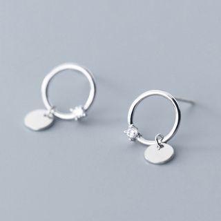 925 Sterling Silver Rhinestone Disc & Hoop Earring 1 Pair - S925 Silver - One Size