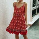 Printed Spaghetti Strap Drawstring-waist A-line Dress