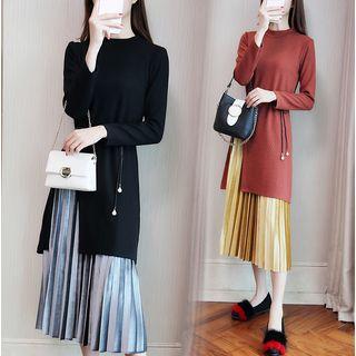 Set: Long-sleeve Slit Top + Accordion Pleat Midi Skirt
