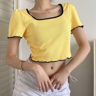 Contrast Trim Lettuce Edge Short-sleeve Cropped T-shirt