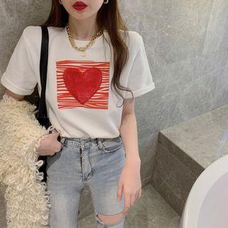 Short-sleeve Heart Applique T-shirt White - One Size