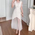 Lace Trim Mesh Panel Short-sleeve Midi A-line Dress