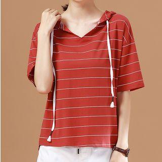 Elbow-sleeve Stripe Hooded T-shirt