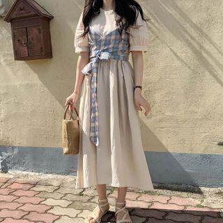 Mock Two-piece Puff-sleeve Tie-waist Plaid Midi A-line Dress Almond - One Size