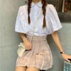 Tie-back Bell Sleeve Top / Plaid Skirt