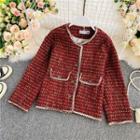 Contrast-trim Check Tweed Coat Red - One Size
