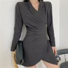 Plain V-neck Long-sleeve Slim-fit Shirtdress - 2 Colors
