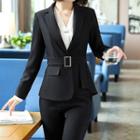 V-neck Blouse / Blazer With Belt / Dress Pants / Pencil Skirt / Set