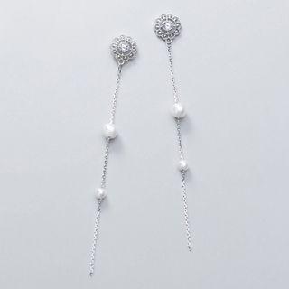 Rhinestone Faux Pearl Dangle Earring 1 Pair - S925 Silver - One Size