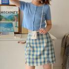 Short Sleeve Buttoned Cardigan / Slit Plaid Mini Fitted Skirt