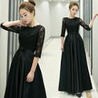 Short-sleeve Lace-panel Evening Gown