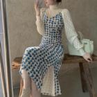Set: Mock-turtleneck Puff-sleeve Lace Blouse + Floral Print Pinafore Dress