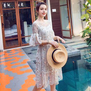 Set: Elbow-sleeve Floral Embroidered Midi A-line Mesh Dress + Slipdress