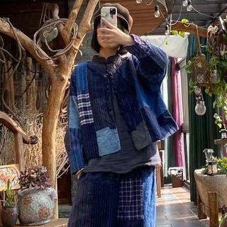 Patch Work Button Jacket Patch - Blue & Plaid - Blue - One Size