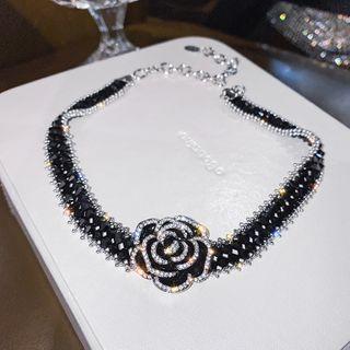 Flower Rhinestone Choker Necklace - Black - One Size