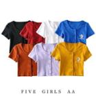 Flower Embroidered Button-up Cropped T-shirt