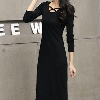 Strapped Long-sleeve Midi Sheath Dress