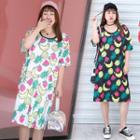 Elbow-sleeve Fruit Print Shift Dress