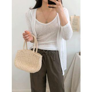 Set: Open-front Textured Cardigan + Camisole Top